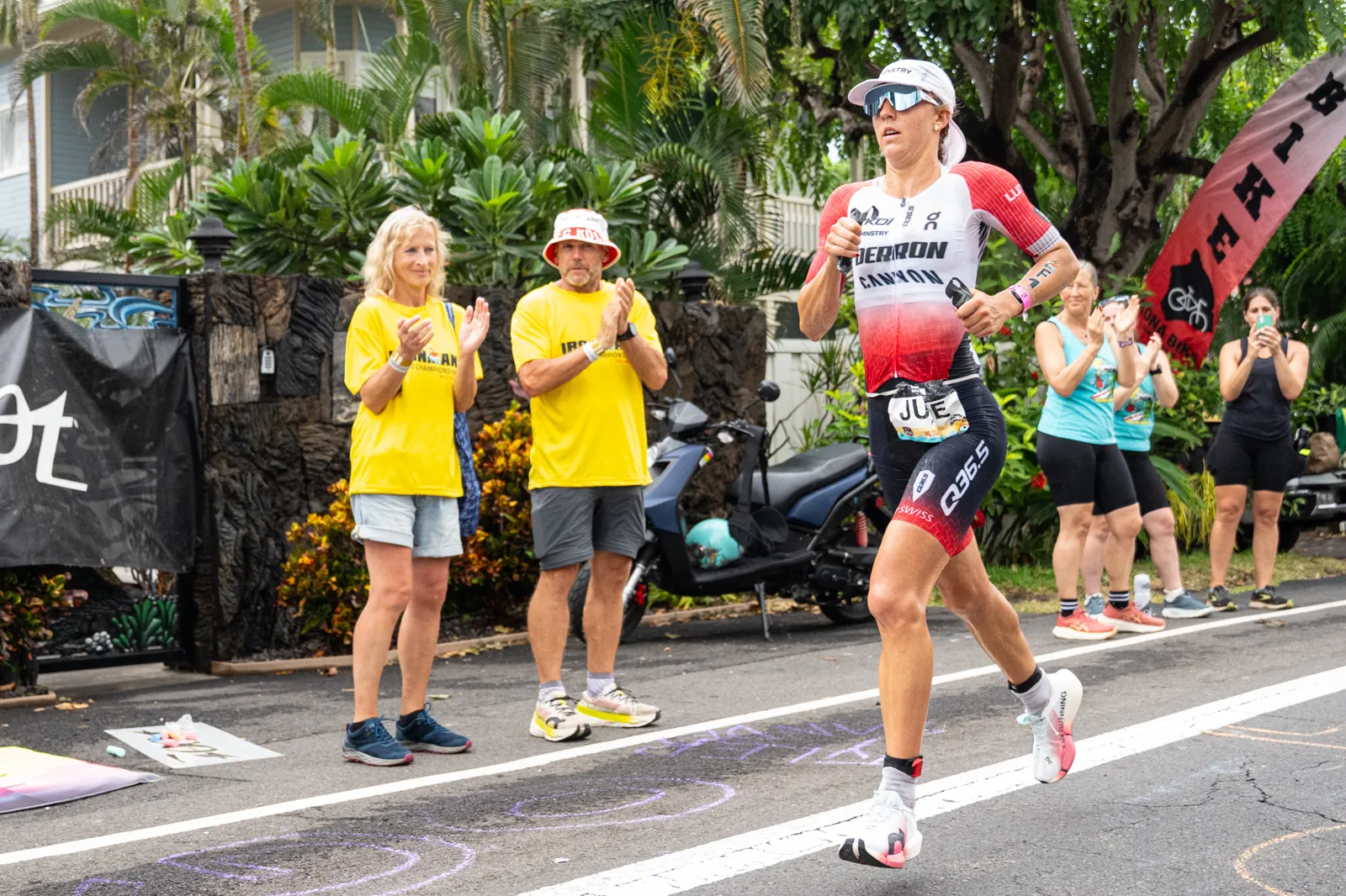Julie Derron running on Ali'i Drive during the marathon at the 2026 IRONMAN World Championship in Kona