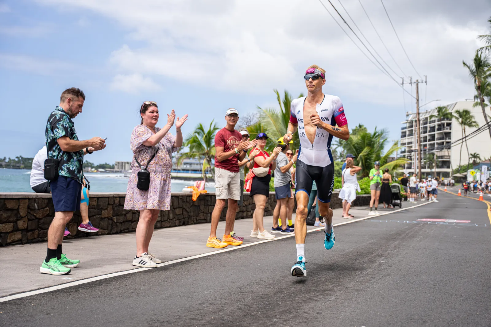 Jonas Schomburg running on Ali'i Drive during the marathon at the 2026 IRONMAN World Championship in Kona